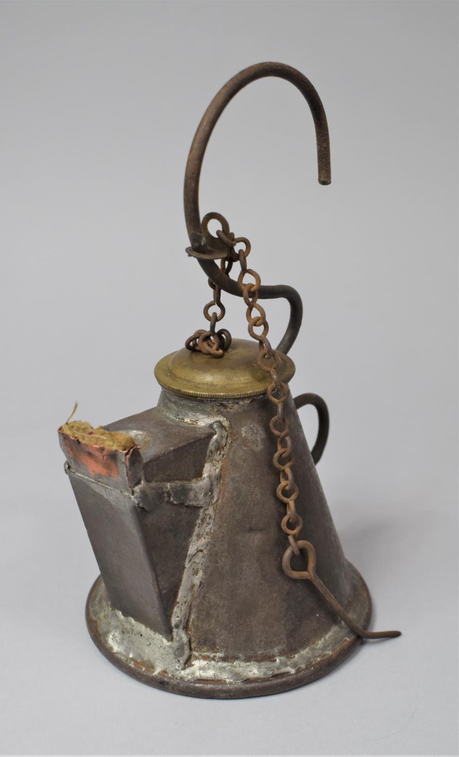 A Late 19th Century Scottish Miner's Coal Face Tallow Lamp of Teapot Form with Screw Off Lid, 21cm - Image 2 of 7