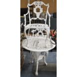 A White Painted Metal Circular Patio Table and Two Armchairs, Table 72cm Diameter