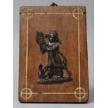 An Oriental Bronze Effect Metal Mount In the Form of a Musician Playing Xylophone on Wooden Back,