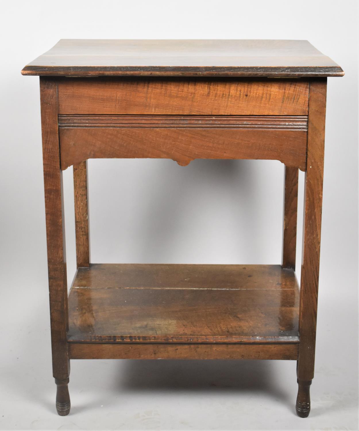 A Late 19th Century Oak Work Table with Hinged Top and Two Plank Stretcher Shelf, 60cm wide