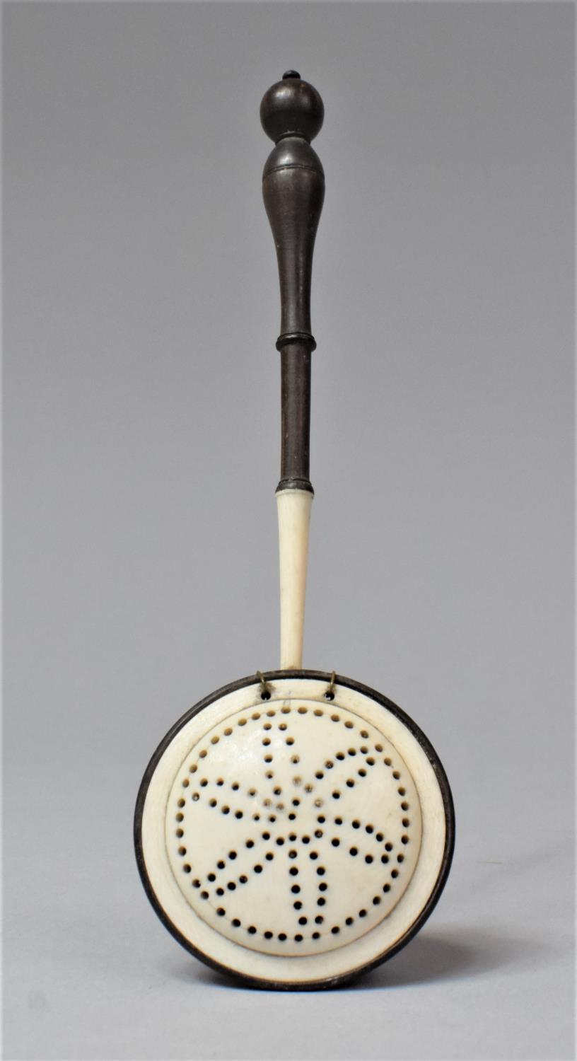 A Late 19th Century Ivory Miniature Bed Warming Pan with Pierced Cover, 16cm Long