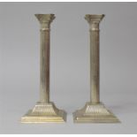 A Pair of Small Silver Plated Corinthian Column Candlesticks, 14cms High