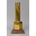 A Heavy Brass Spill Vase of Industrial Form on Wooden Plinth Base, Overall Height 25.5cms