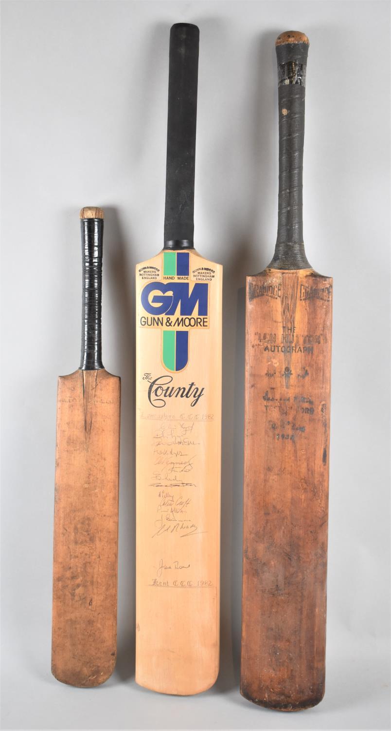 A Collection of Two Full Sized Vintage Cricket Bats, One Signed for Lancashire CC 1982 together with