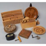 A Collection of Treen to Include Stationery Rack, Carved Bear, Circular Carved Box etc