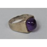 A Vintage Silver Modernist Ladies Dress Ring with Cabochon Cut Amethyst Stone, Size R