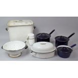 A Collection of Vintage Enamel Wares to Include Cooking Pans, Saucepans, Milk Jug, Bread Bin