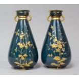 A Pair of Royal Crown Derby Blue Two Handled Vases Decorated with Flowers and Butterflies, C.1891,