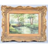 A Gilt Framed Oil on Board, River Scene, 34x23cm