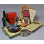 A Tray of Vintage Sundries to include Barclays Bank Money Box, Vintage Maps, English Pewter Hip