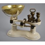 A Set of Boots White Enamelled Kitchen Scales with Brass Pan and Bell Weights