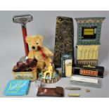 A Collection of Vintage and Other Sundries to Include Teddy Bear, Dominoes, Ashtray, Religious