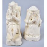 A Pair of Creamware Figures of Seated Gent and Wife, both Smoking Pipes, 16cm high, Some Condition