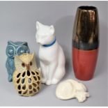 A Modern Ceramic Two Tone Vase, Owl and cat Ornament