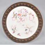 A Copper Bordered Ceramic Circular Tray with Floral, Bird and Insect Decoration, 31cm Diameter