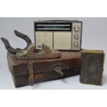A Vintage Leather Case Containing Radio, Horseshoe, Book of Common Prayer 1875 etc