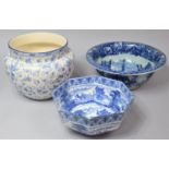 A Cauldon Blue and White Octagonal Bowl, a Reproduction Blue and White Bowl and a Burleigh Ware Blue