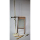 A Vintage Glass Washboard, Washing Tongs and Wooden Posser