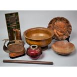 A Collection of Treen Bowls, Cranberry Glass Reservoir, Brushes etc