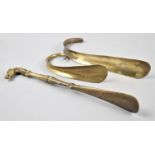 Three Brass Shoe Horns, One with Horses Head Handle, 32cm Long