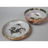 A Lawleys Lustre Bowl with Dragon Decoration, 26cms Diameter, together with a Shallow Example