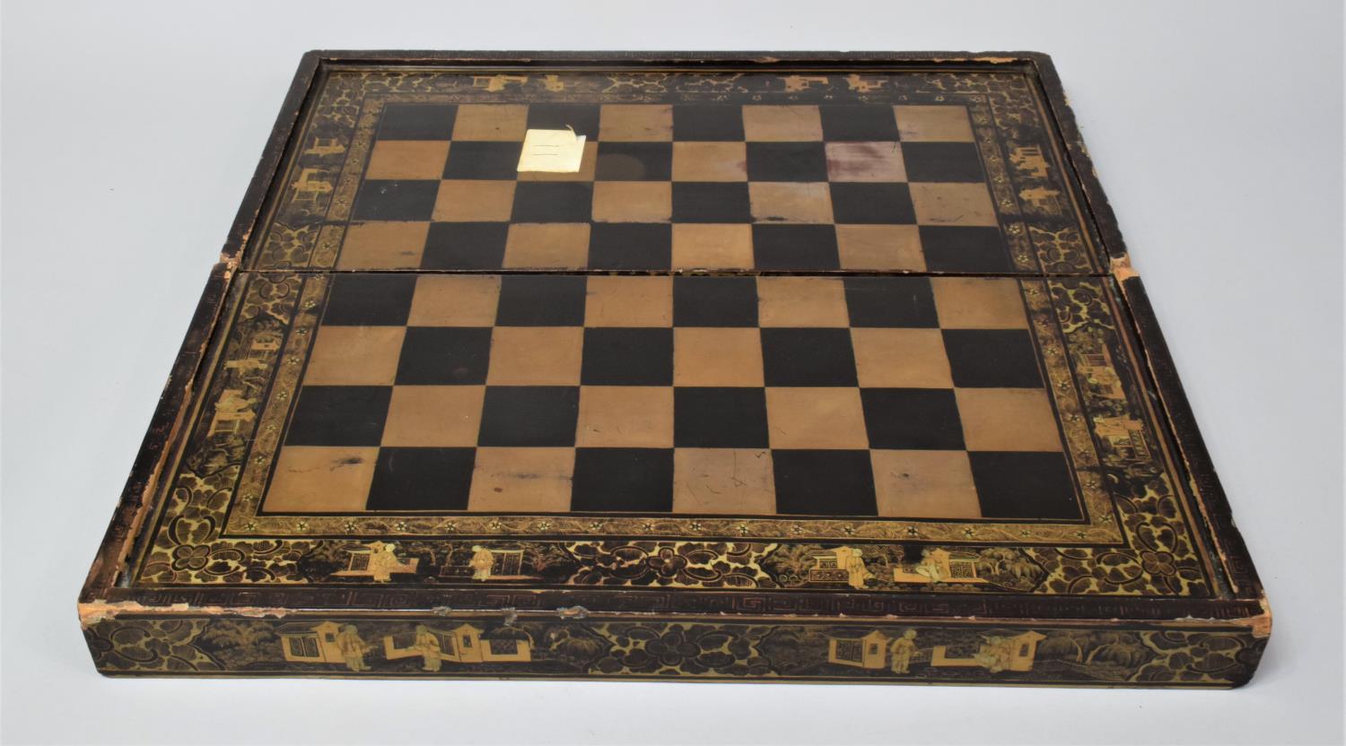 An Early 20th Century Lacquered Wooden Games Box with Chinoiserie Decoration, the Outer Surface with - Image 2 of 4