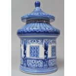 A Blue and White Novelty Biscuit Barrel in the Form of a Pagoda, 28cm high