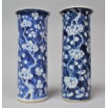 A Near Pair of 19th Century Chinese Blue and White Prunus Pattern Sleeve Vases, both with Four