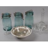 A Collection of Three Green Glass Storage Jars, Decanter, Wines and a Bowl