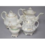 A Collection of Early/Mid 19th Century White and Gilt Teapots Together with Sucrier and Cream Jug,
