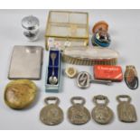 A Collection of Curios to Include Poker Dice, Egg Coddler, Glass Paperweight,Brass Bottle Openers.