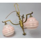A Mid 20th Century Brass and Pink Glass Three Branch Ceiling Chandelier, 41cm high
