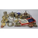 A Collection of Metalwares to Include Jelly Mould, Teapot, Candlesticks, Cake Basket etc