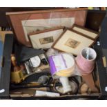 A Box of Sundries to Include Pictures and Prints, Bells Whisky Bottle (Empty), Pepper Grinder etc