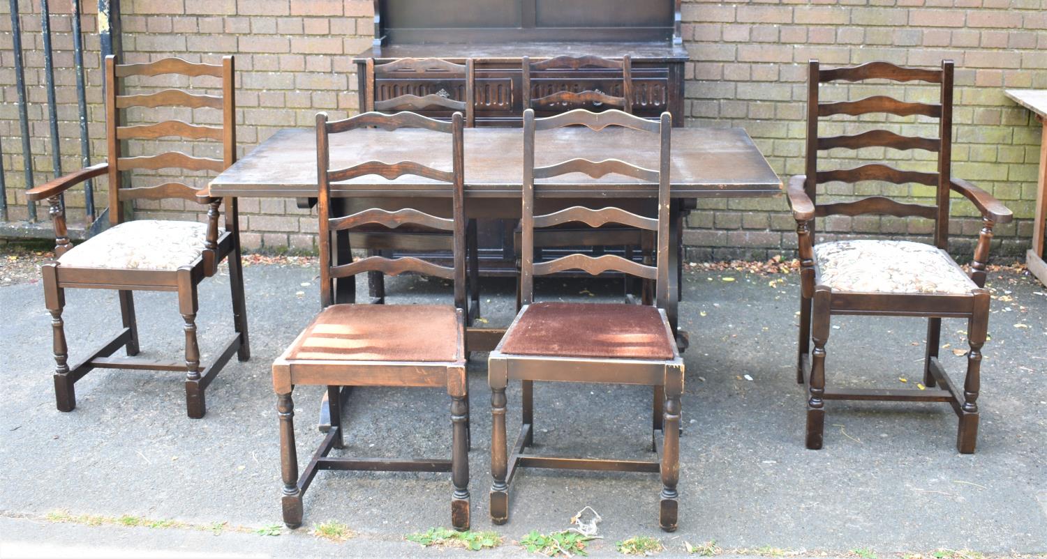 A Mid 20th Century Oak Dining Room Suite to Comprise Dresser, Table and Six Ladder Back Chairs