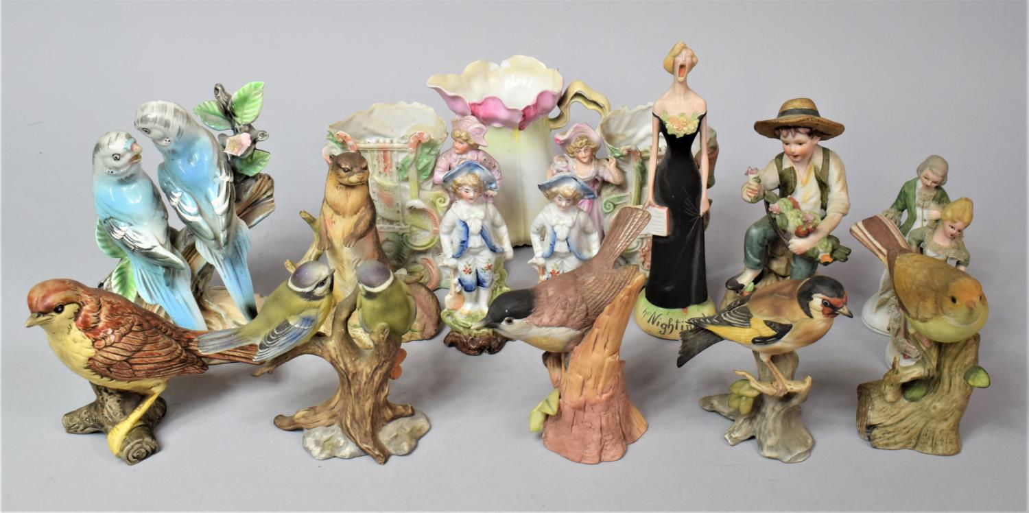 A Collection of Various Continental Figural and Animal Ornaments to comprise Birds, Spill Vases