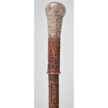 A Finely Carved Indian Walking Cane with Silver Top and Eight Cartouches Depicting Rat, Birds, Hindu