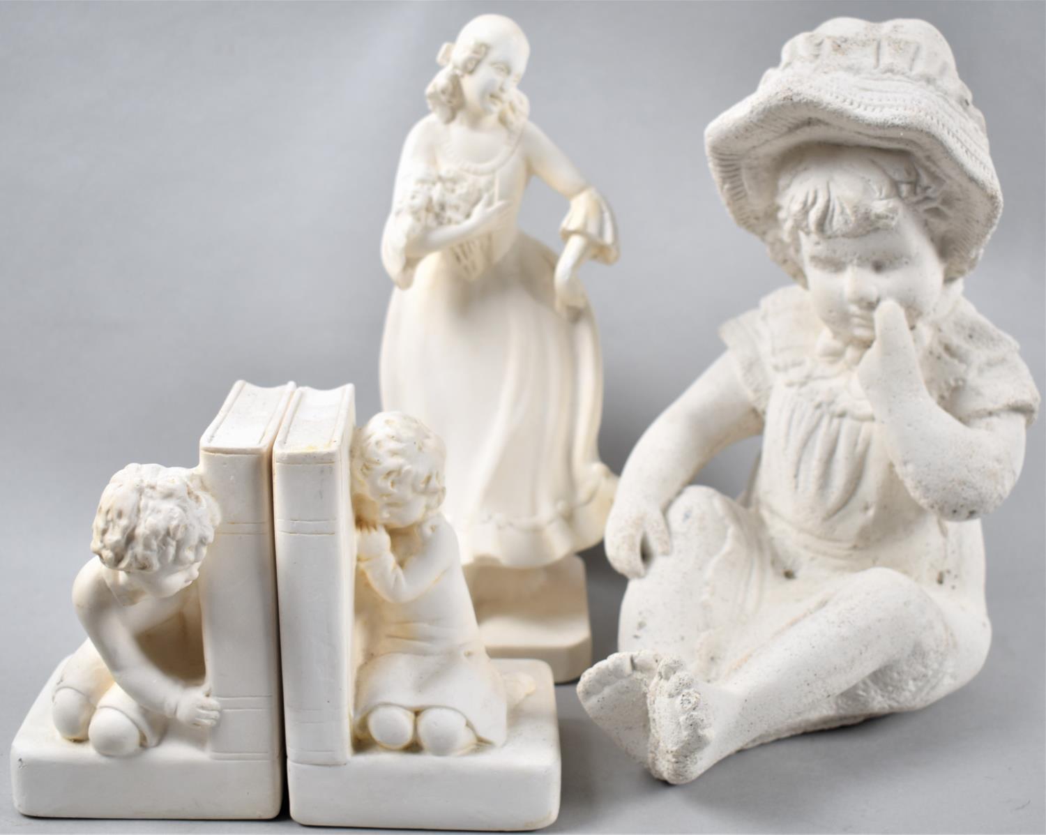 A Moulded Plaster Figure of Maiden with Flowers, Pair of Bookends Decorated with Kneeling Children