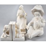 A Moulded Plaster Figure of Maiden with Flowers, Pair of Bookends Decorated with Kneeling Children