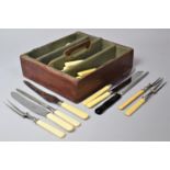 A Vintage Four Section Stained Pine Canteen Box Containing Various Bone Handled and Other Knife