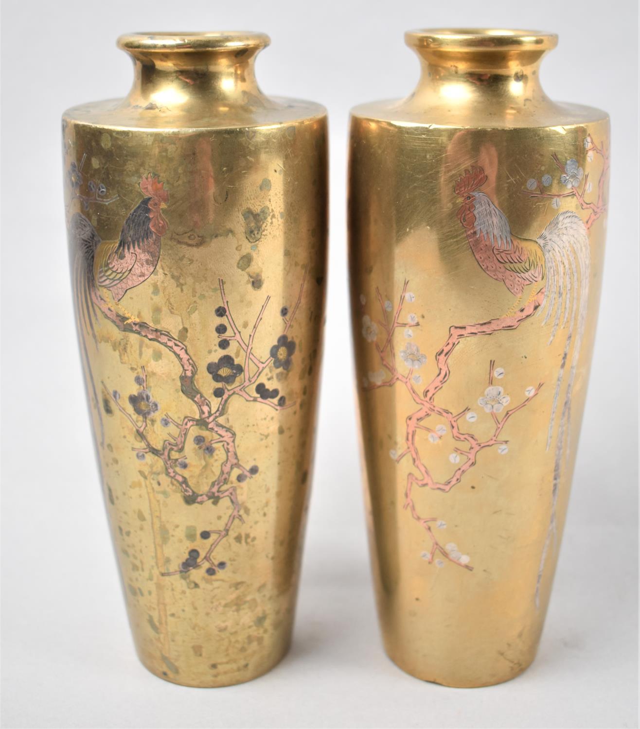 A Pair of Japanese Meiji Period Bronze Vases Having Mixed Metal and Silver Inlay Decoration