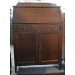 A Mid 20th Century Oak Fall Front Hall Bureau with Galleried Top, Fitted Interior, Centre Long