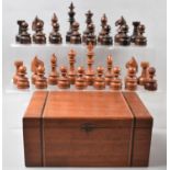 An Edwardian Inlaid Box Containing Later Russian Carved Wooden Chess Pieces, The Kings 11.5cm high