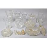 A Collection of Various Cut Glass Vases, Moulded Glass Examples, Lidded Pots, Cruets etc