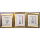 A Set of Three Gilt Framed Prints of Chinese Vases, The Largest 25x16.5cm