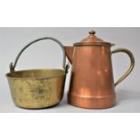 A Small Copper Coffee Pot with Hinged Lid, 19cm high Together with a Small Brass Jam Pan, 16cm