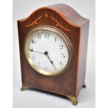 An Edwardian Inlaid Mahogany Mantle Clock with Ormolu Ogee Bracket Feet, Working Order, 18cm high