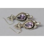 A Pair of Silver and Amethyst Tear Shaped Drop Earrings in the Etruscan Style, 4cm