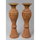 A Pair of Large Intricately Carved Wooden Vases, 51cm high