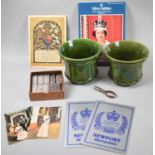 A Pair of Green Glazed Planters, One with Chip to Rim, Vintage Set of Dominoes, Pair of Nutcrackers,